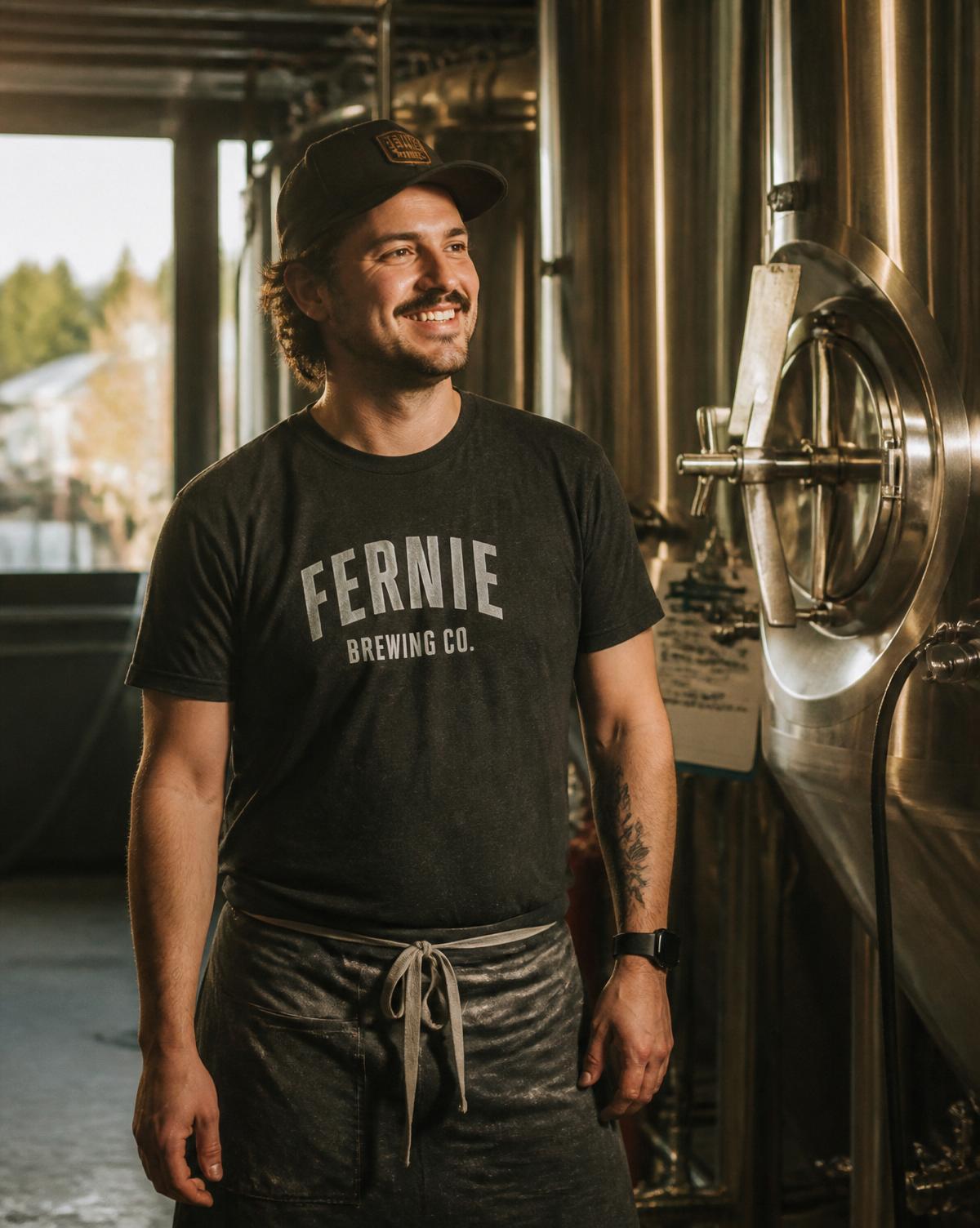 Local brewery owner wearing branded shirt