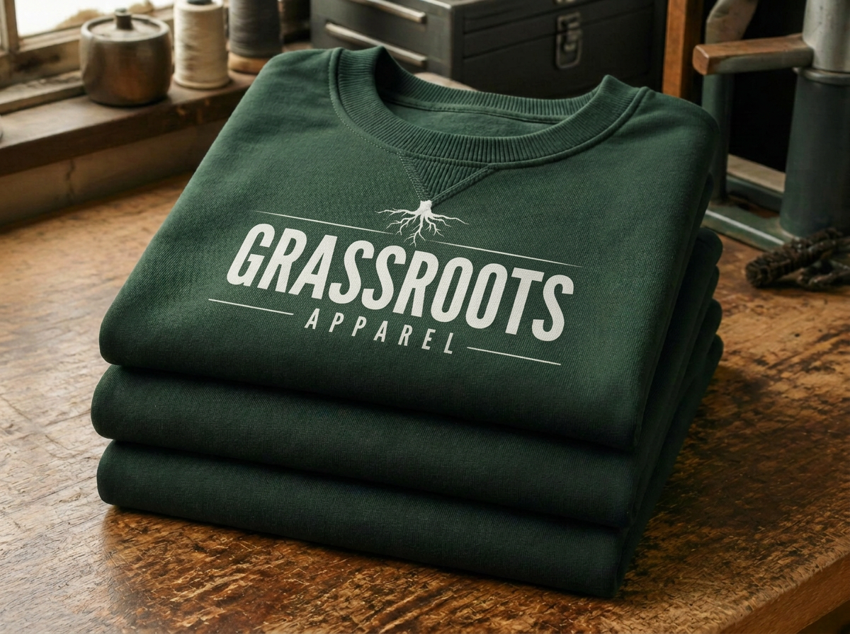 Stack of Grassroots Apparel branded crewneck sweatshirts