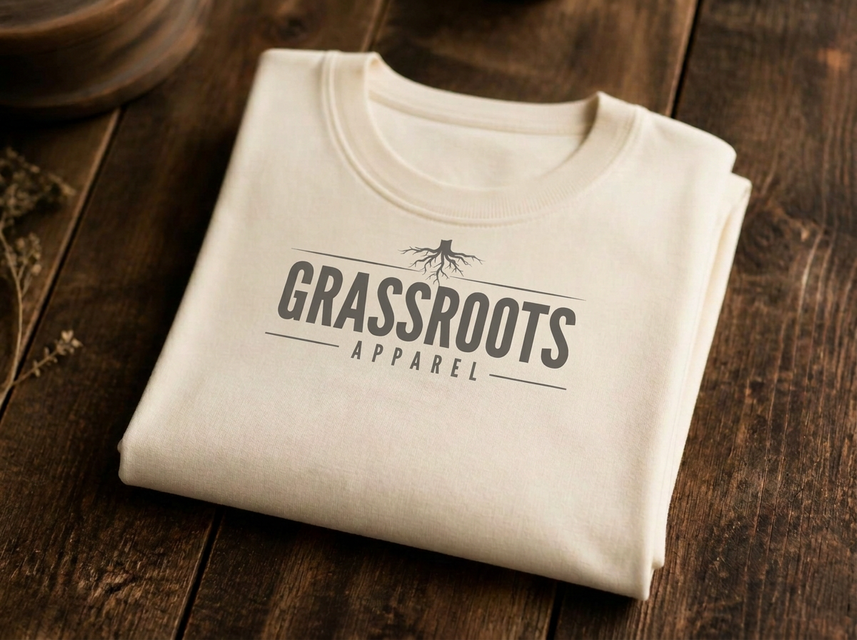 Folded Grassroots Apparel branded tee on a wood table